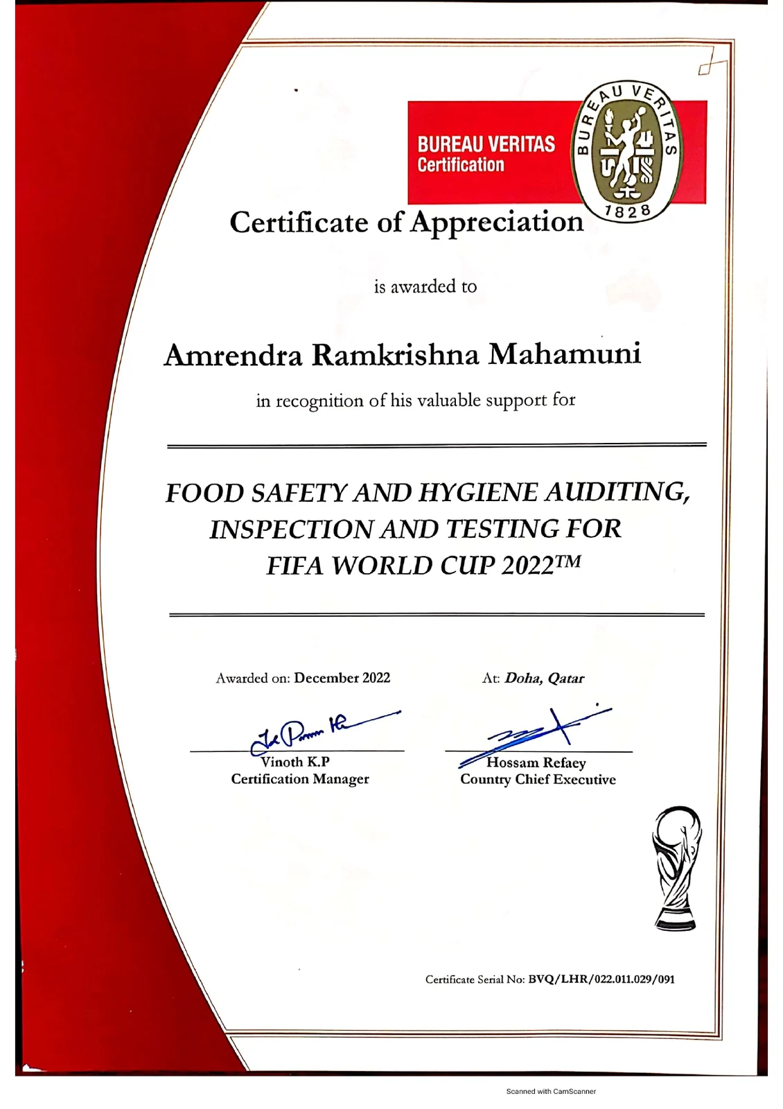 FIFA 2022 Food Safety Assignment Certificate