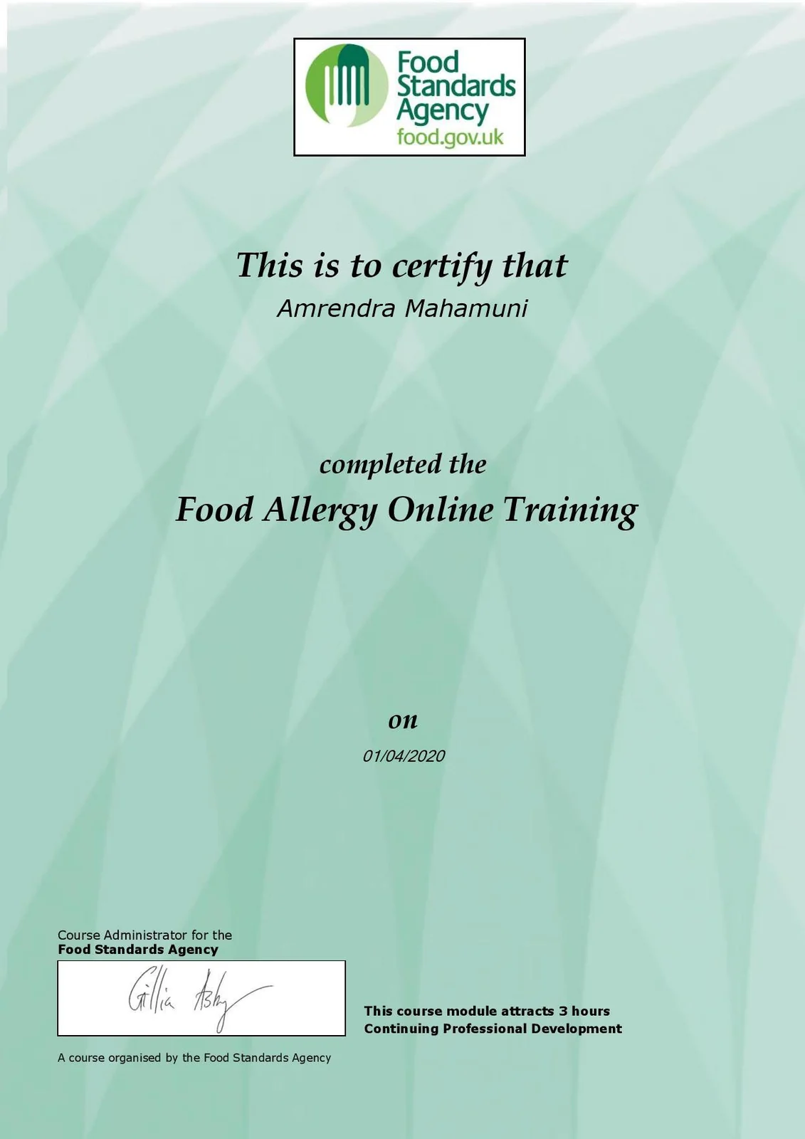 Food Allergy Training Certificate