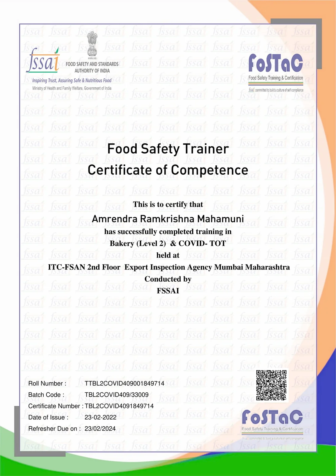 FoSTaC Bakery Trainer Certificate