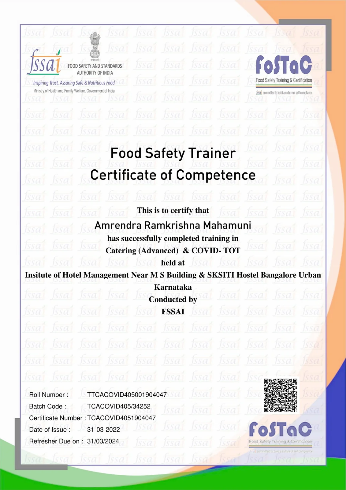 Catering Advanced and COVID ToT Certificate