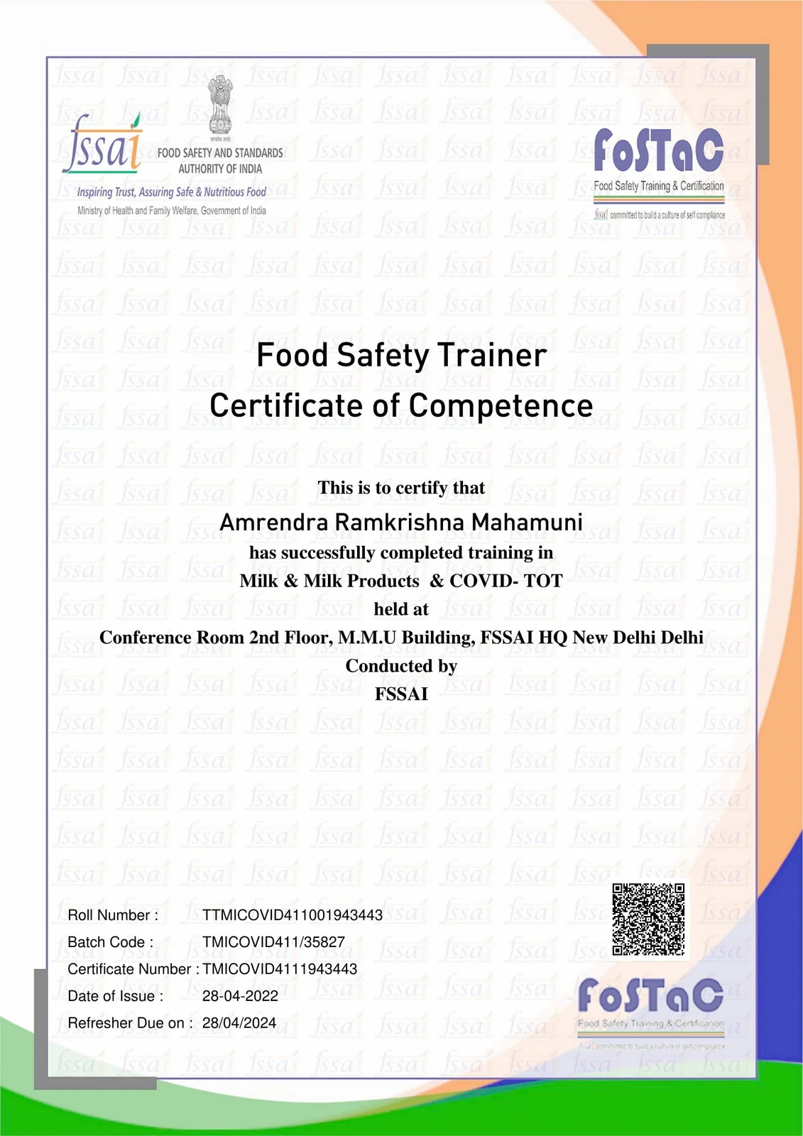 Milk & Milk Products and COVID ToT Certificate