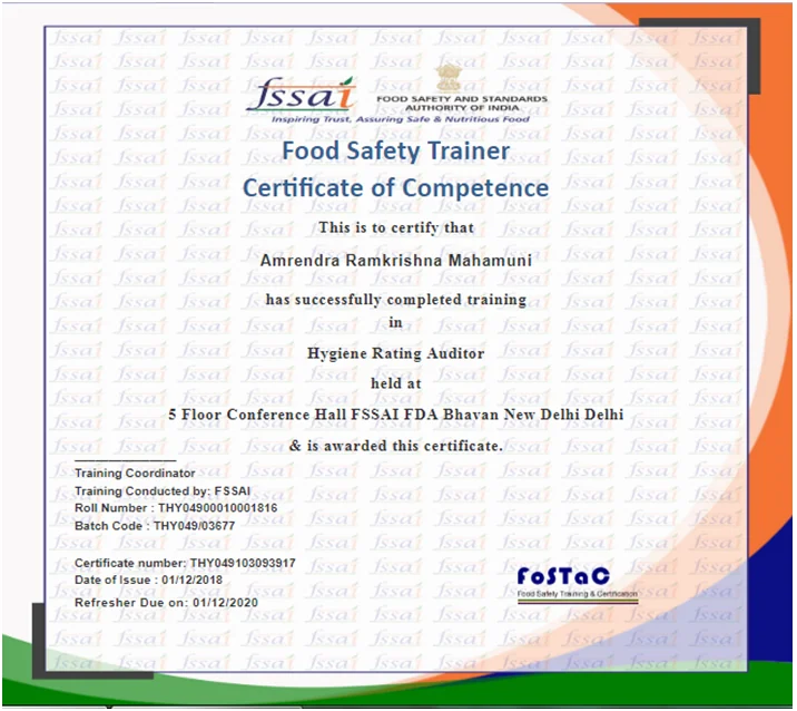 Hygiene Rating Auditor Certificate