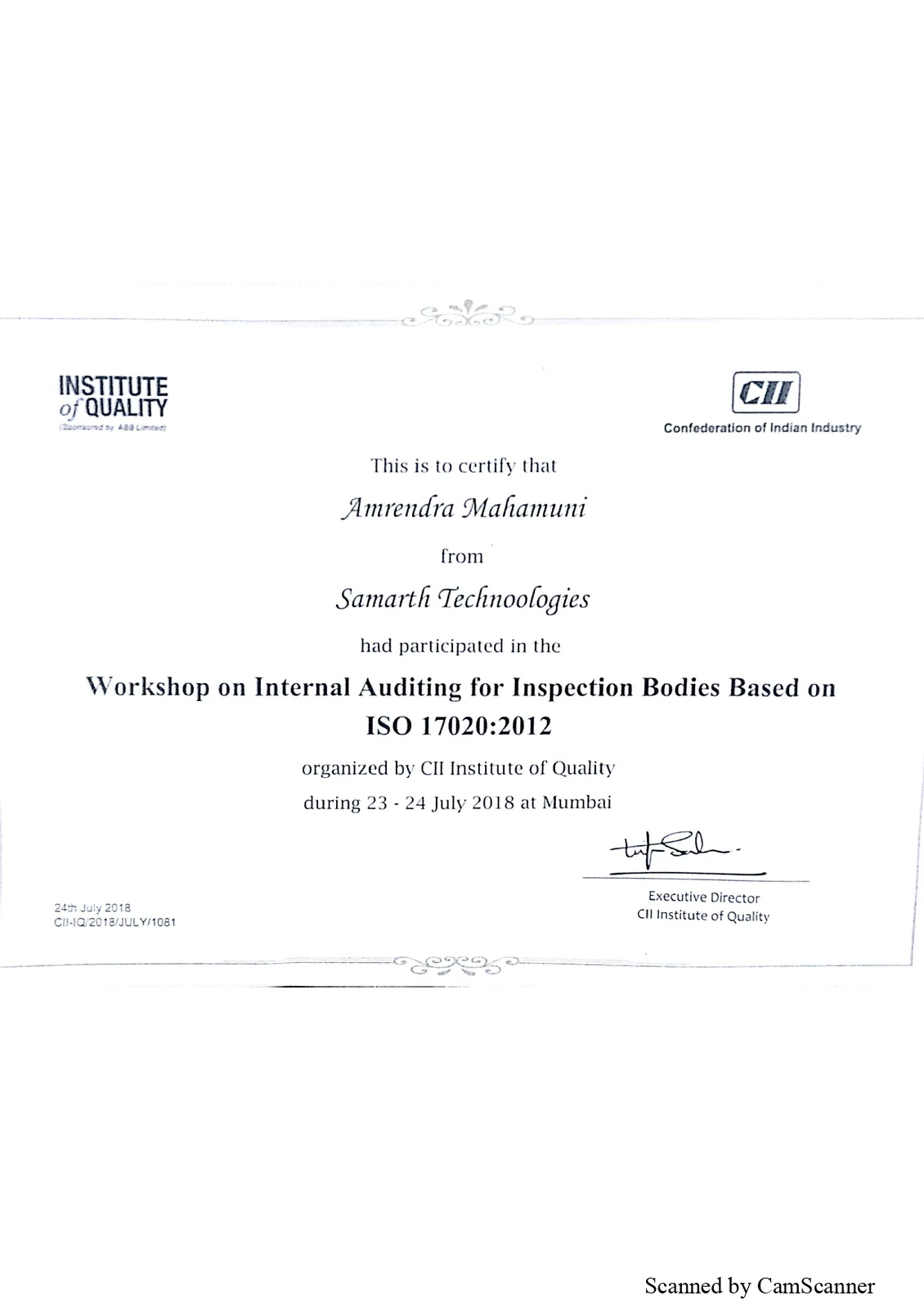 ISO 17020:2012 Training Certificate