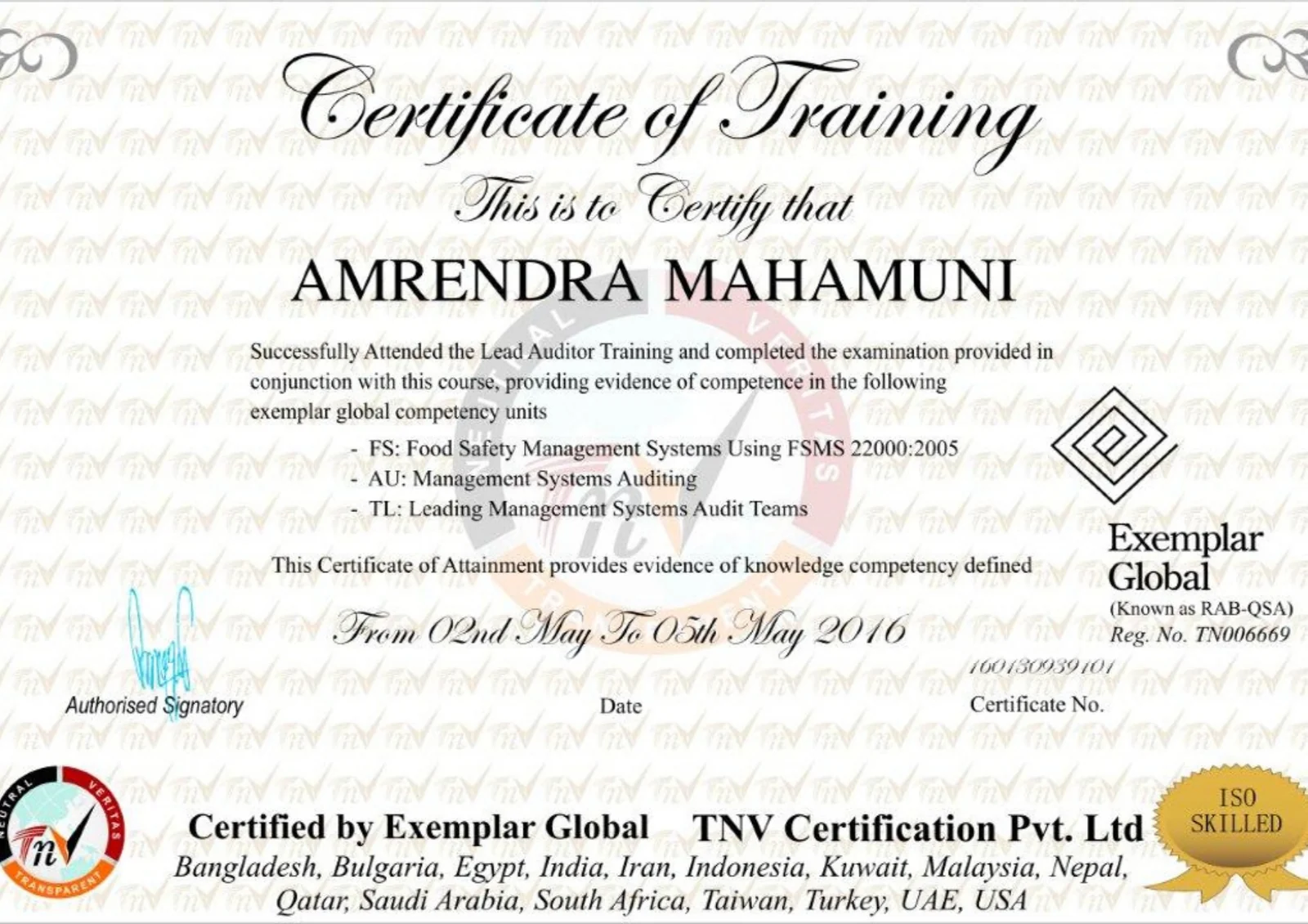 Lead Auditor Training Certificate