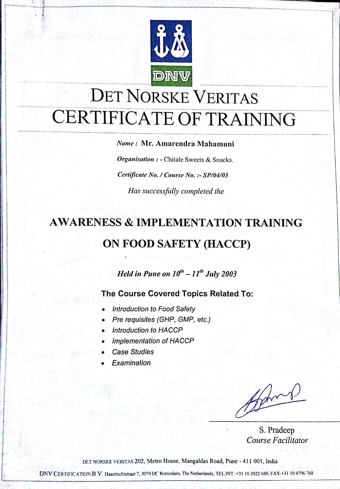 Food Safety HACCP Certificate