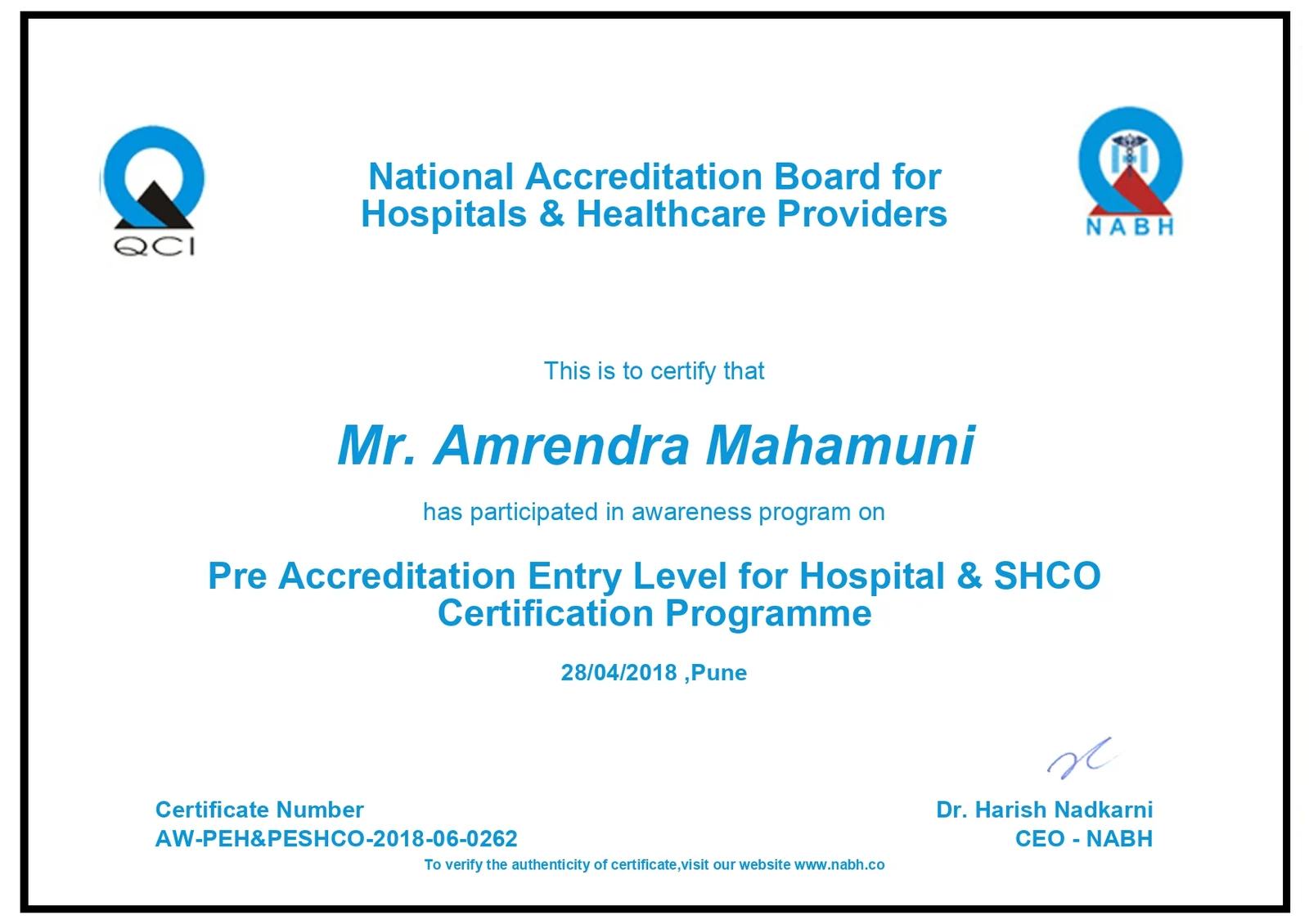 NABH SHCO Programme Certificate