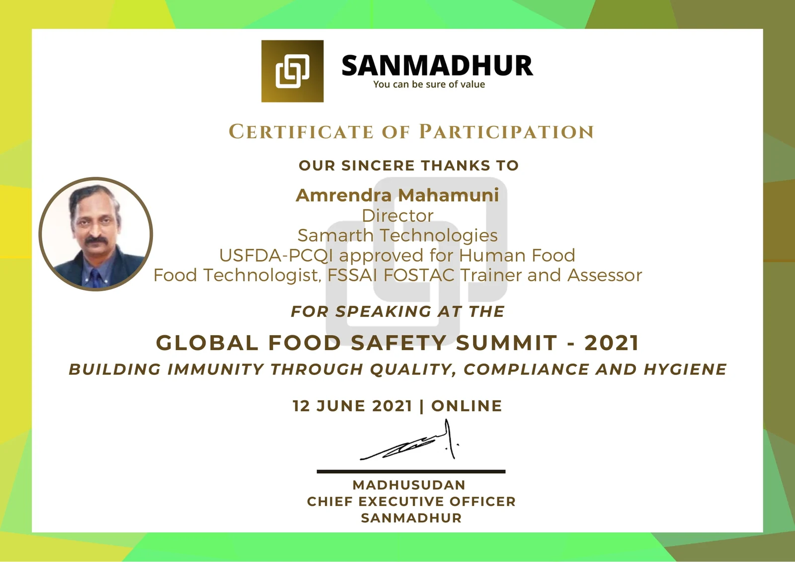 Global Food Safety Summit 2021 Certificate